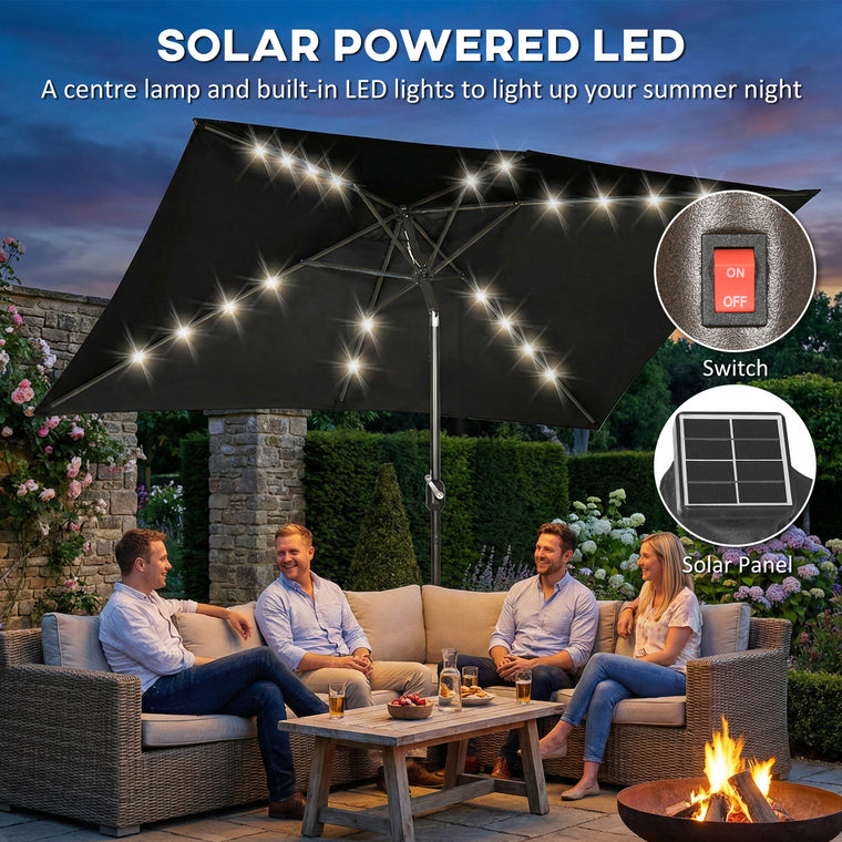 6.5' x 10' Black Rectangular Patio Umbrella with Tilt & LEDs