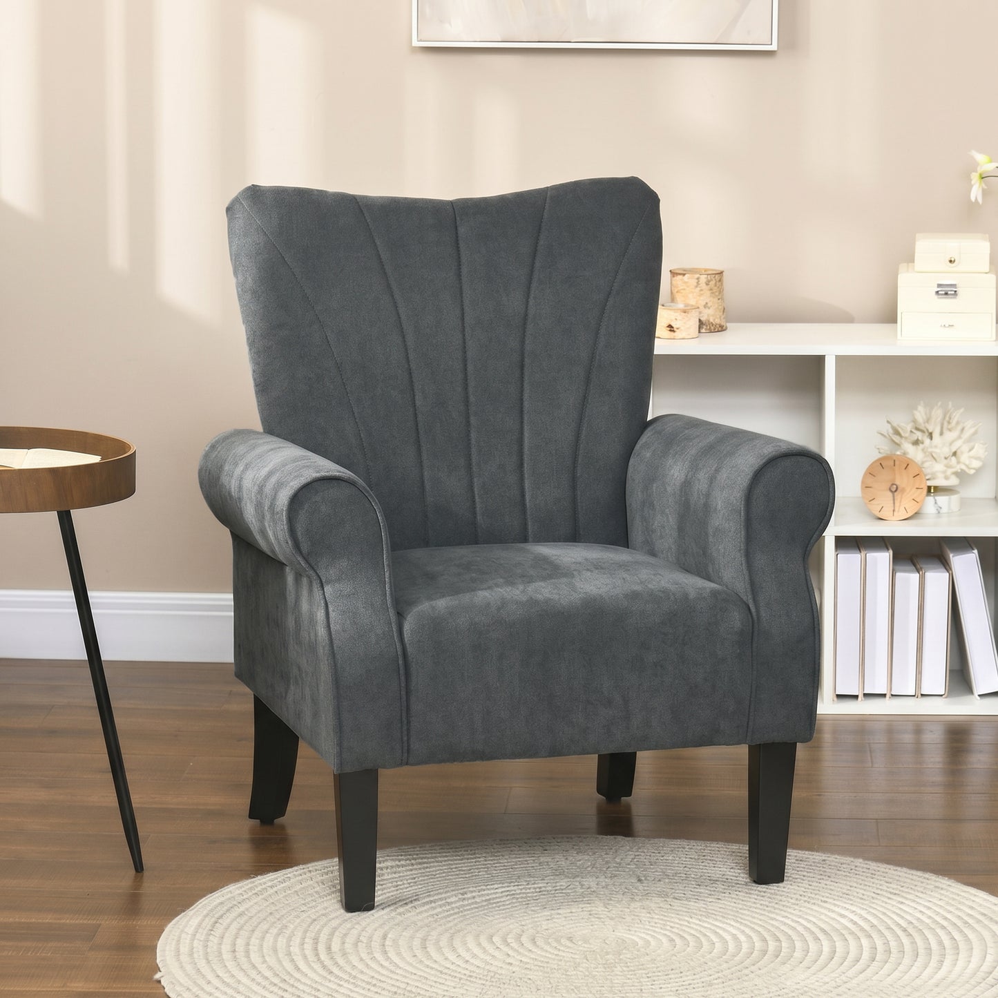 Fabric Armchair, Modern Accent Chair with Wood Legs for Living Room, Bedroom, Home Office, Dark Grey
