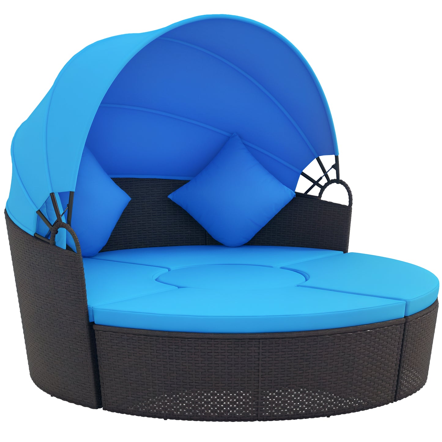 4 Pieces Outdoor Daybed with Retractable Canopy, Wicker Lounger Bed, Conversation Furniture Set, Dark Blue