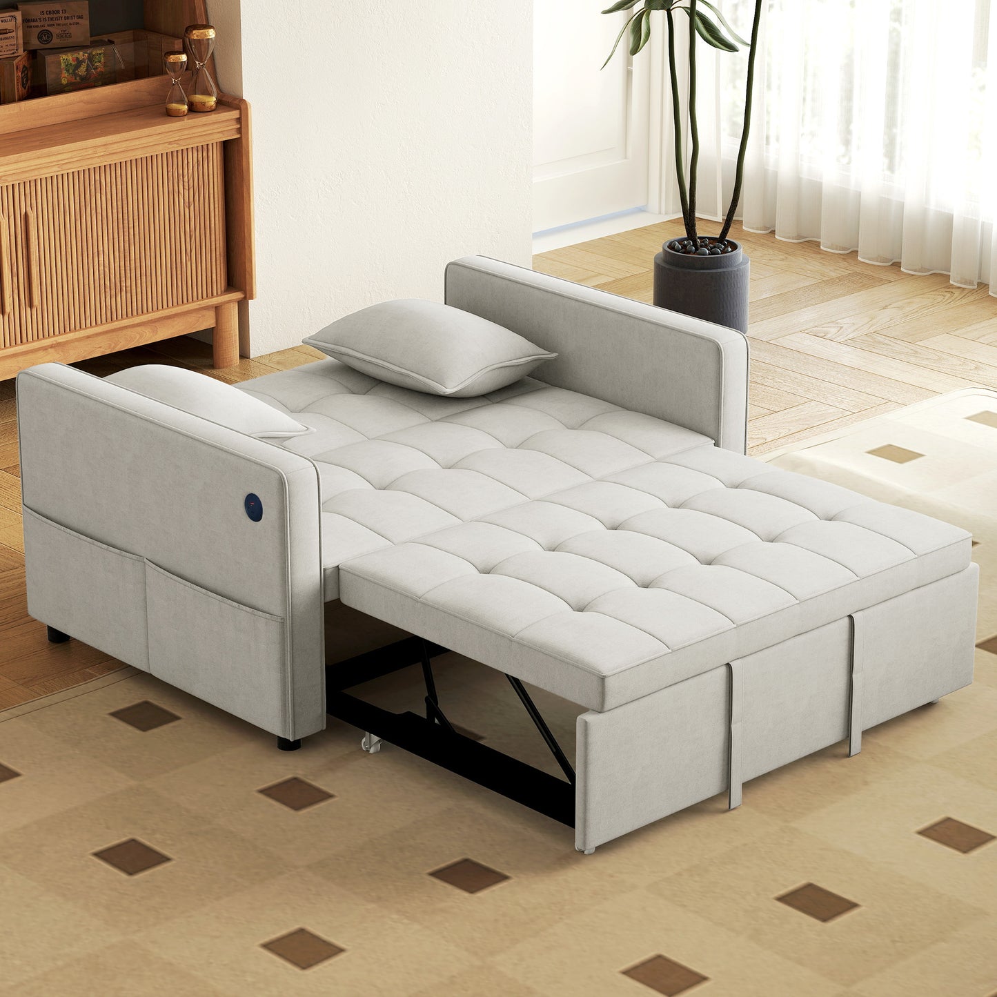 3-in-1 Convertible Sofa Bed, Pull-Out Sleeper Sofa with USB Charging, Adjustable Backrest and Side Pockets, Beige
