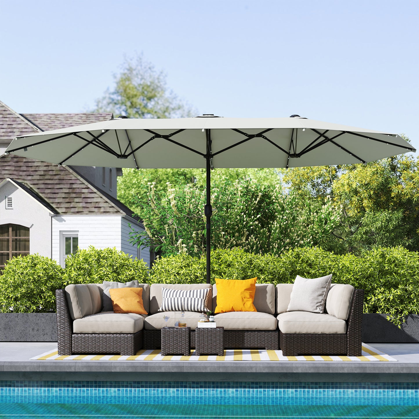 173" Double-Sided Sun Umbrella Garden Parasol Patio Sun Shade Outdoor with LED Solar Light, Cream White