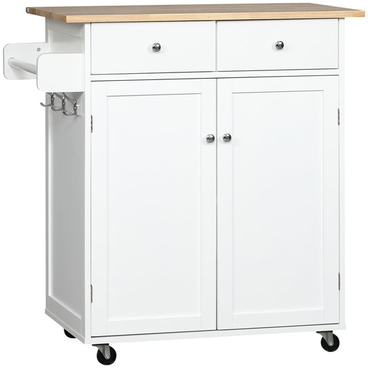 Rolling Kitchen Island with Wood Top and Drawers - White