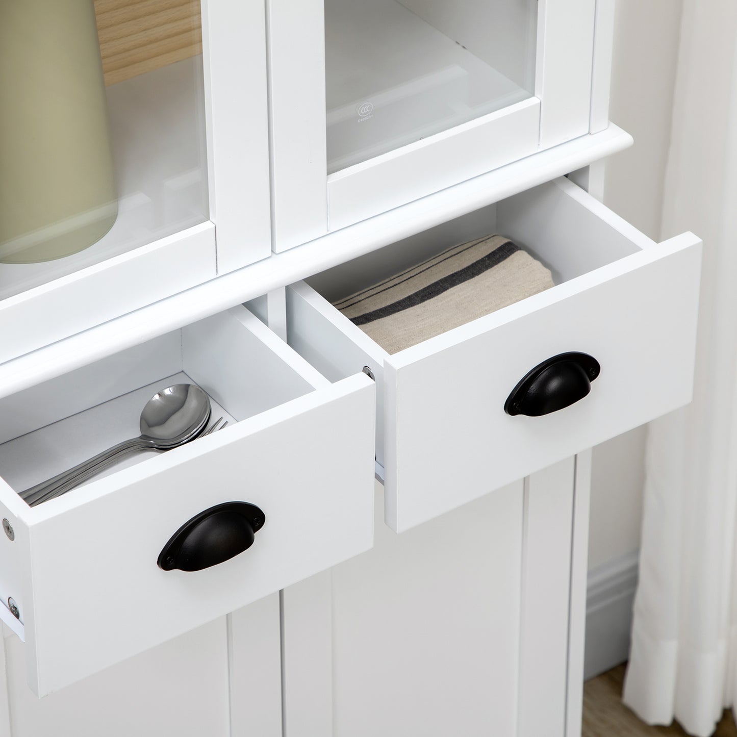 61" Kitchen Pantry Cabinet, Freestanding Farmhouse Buffet Storage Cabinet with Soft Close Glass Doors and Adjustable Shelves, White