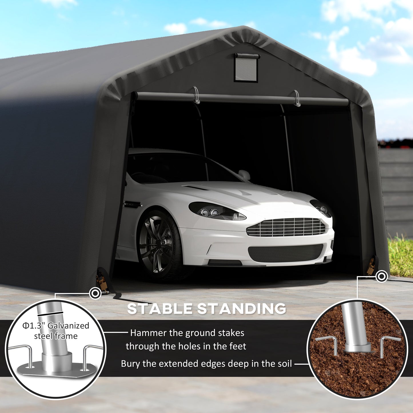 Portable Garage, Heavy Duty Carport Canopy with Ventilation Windows and Large Roll-up Door, Dark Grey
