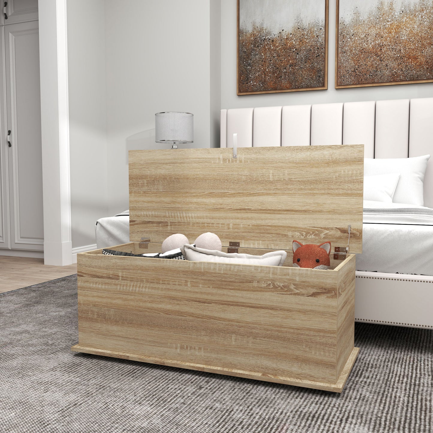39.5" Storage Chest with 2 Safety Hinges, Storage Box Organizer with Flip-Top Lid, Entryway Storage Bench, Oak
