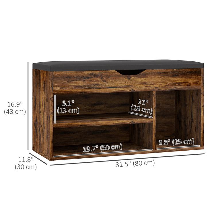 Shoe Storage Bench with Padded Cushion - Rustic Brown