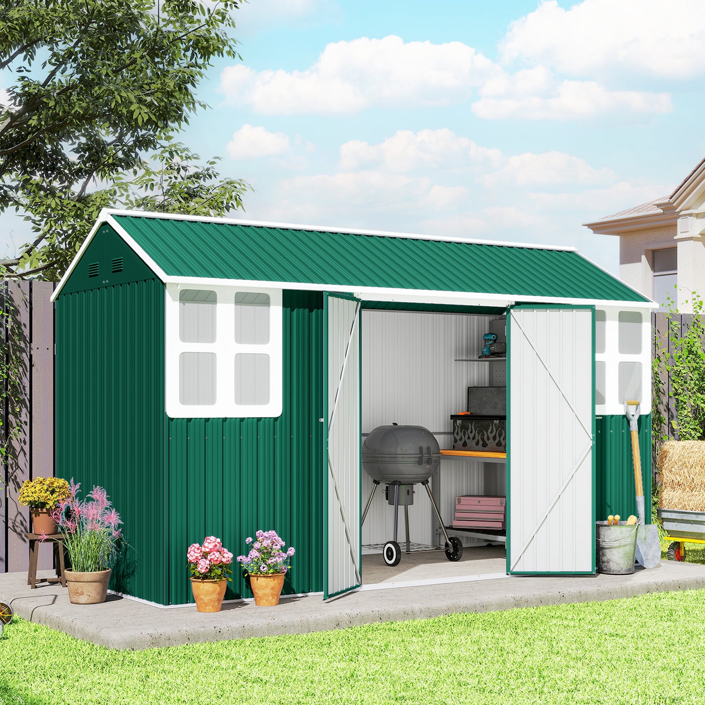 Metal Garden Storage Shed, Outdoor Tool Storage House with Lockable Door, Vents, Sloped Roof, Light Grey