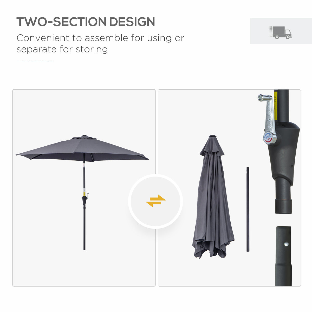 8.5FT Grey Round Garden Parasol with 6 Ribs & Crank Handle