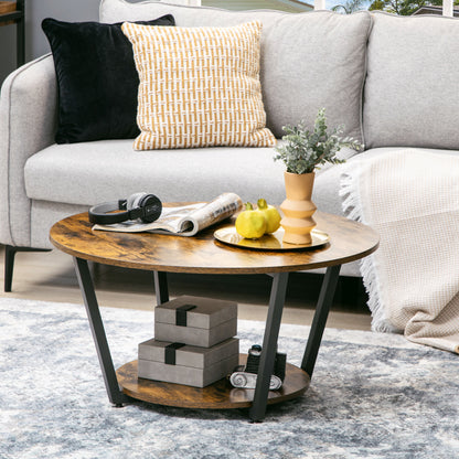 2-Tier Round Coffee Table with Storage - Rustic Brown