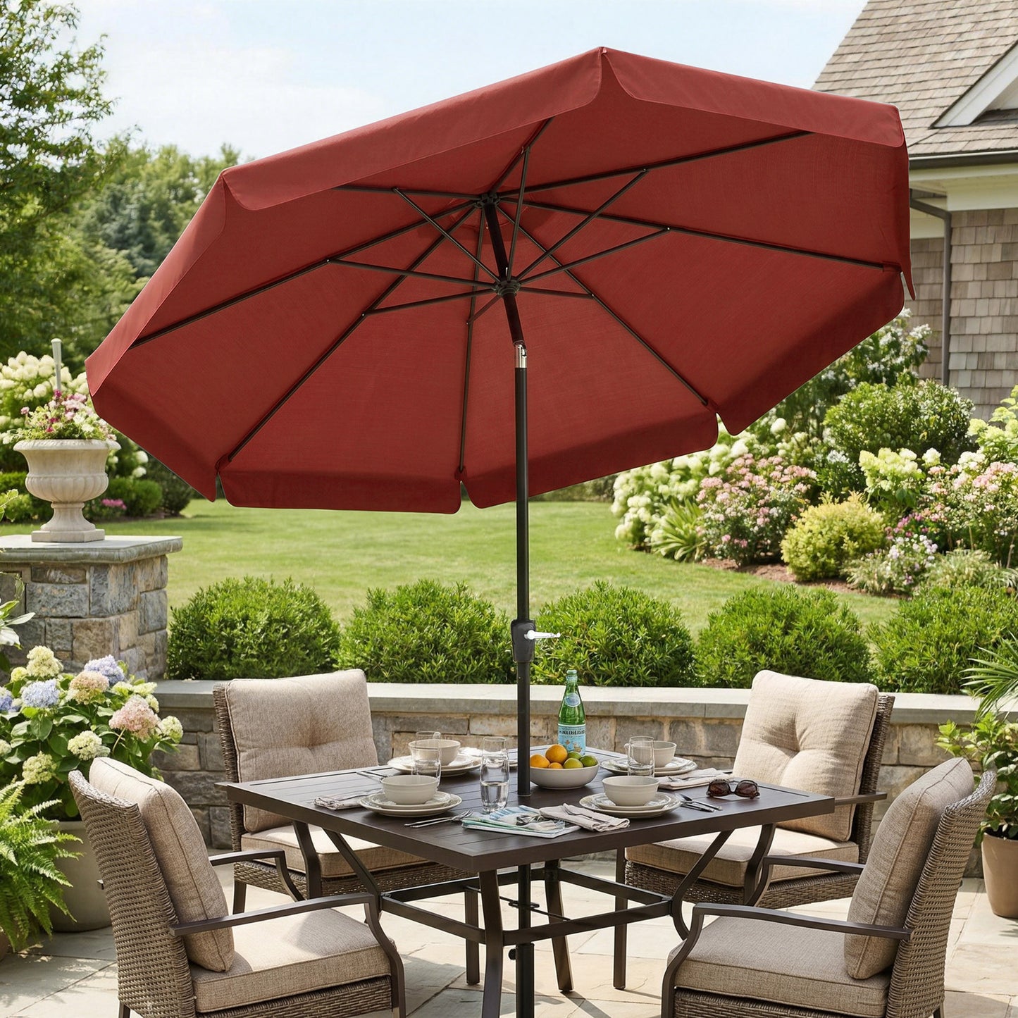 8.5 ft Outdoor Market Table Umbrella, Round Patio Umbrella with Tilt and Crank for Garden, Backyard, Deck, Wine Red
