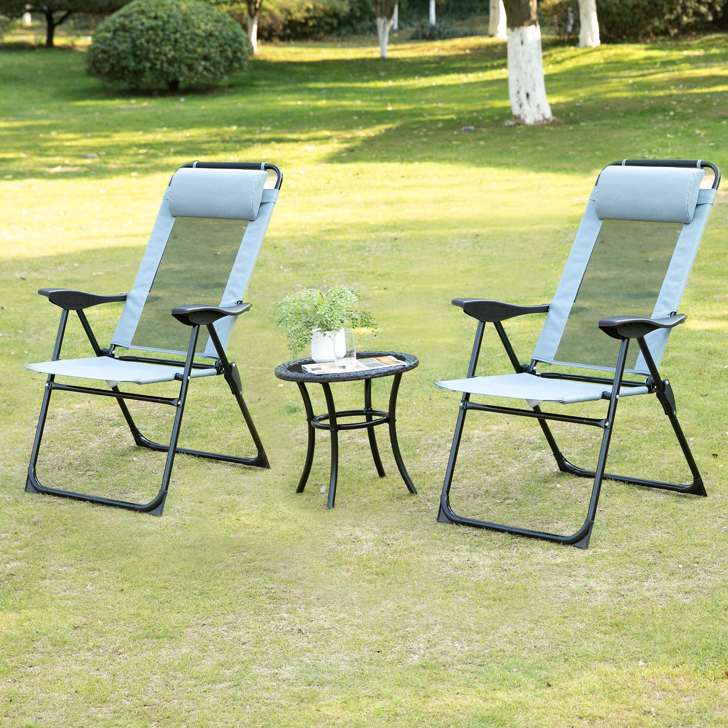 Set of 4 Camping Chairs, Outdoor Folding Lounge Chair Set with 5 Level Adjustable Backrest, Removable Headrest, Armrest for Camping, Backyard, Grey