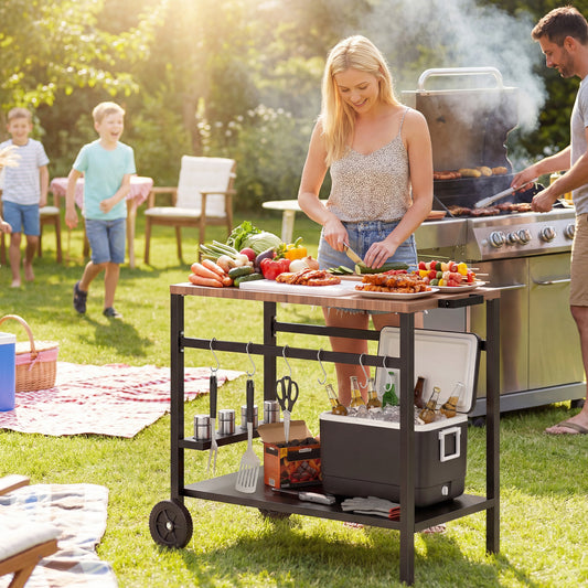 Outdoor Grill Cart, 2-Tier Pizza Oven Stand, BBQ Stand with Beverage Holder, Hooks, Wheels, Black and Brown
