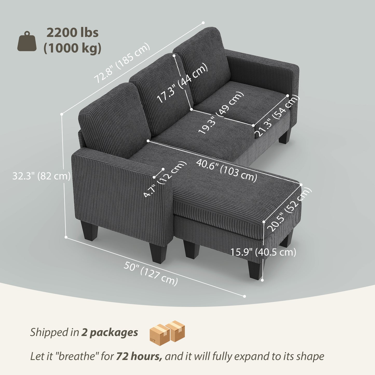 L-Shape Corduroy Sectional Sofa with Reversible Chaise - Dark Grey