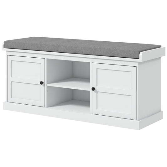 Shoe Storage Bench with Cushioned Seat & 2 Cabinets - White
