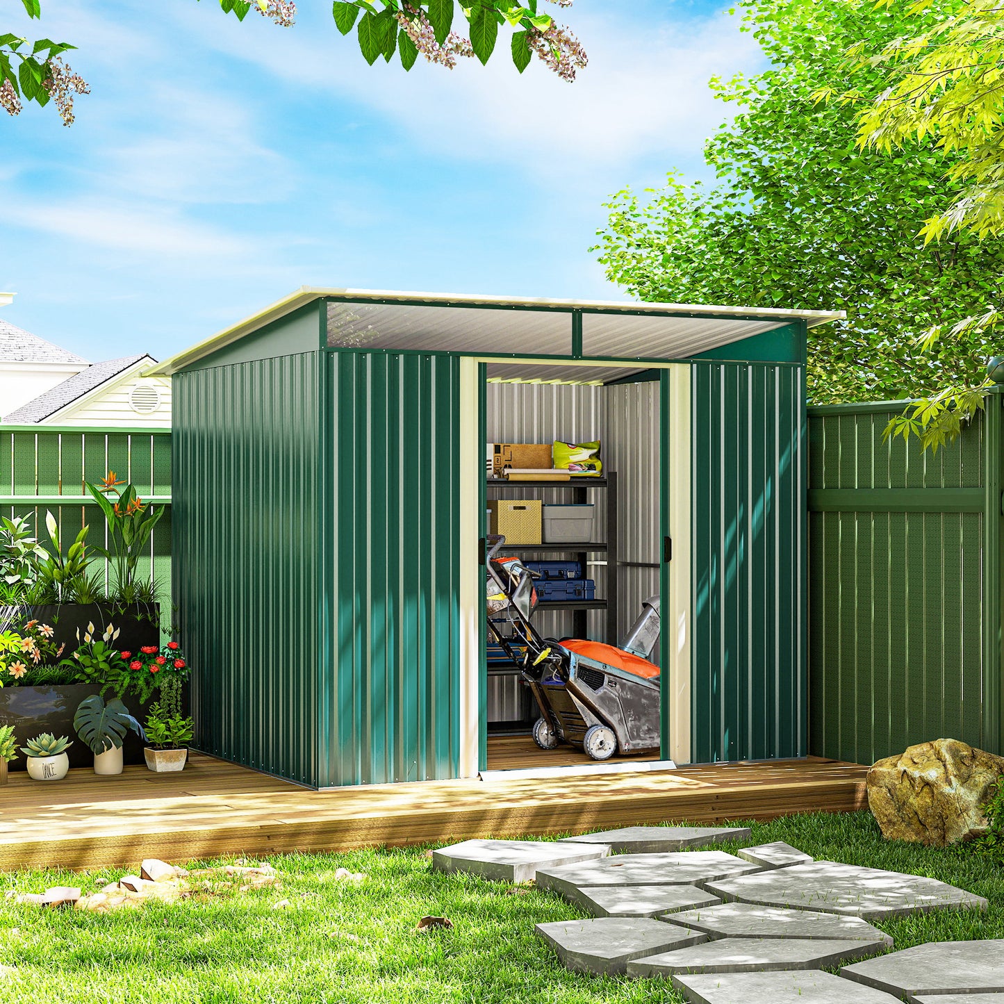 6' x 8.5' Outdoor Metal Garden Shed Utility Tool Storage Steel Backyard House, Dark Green