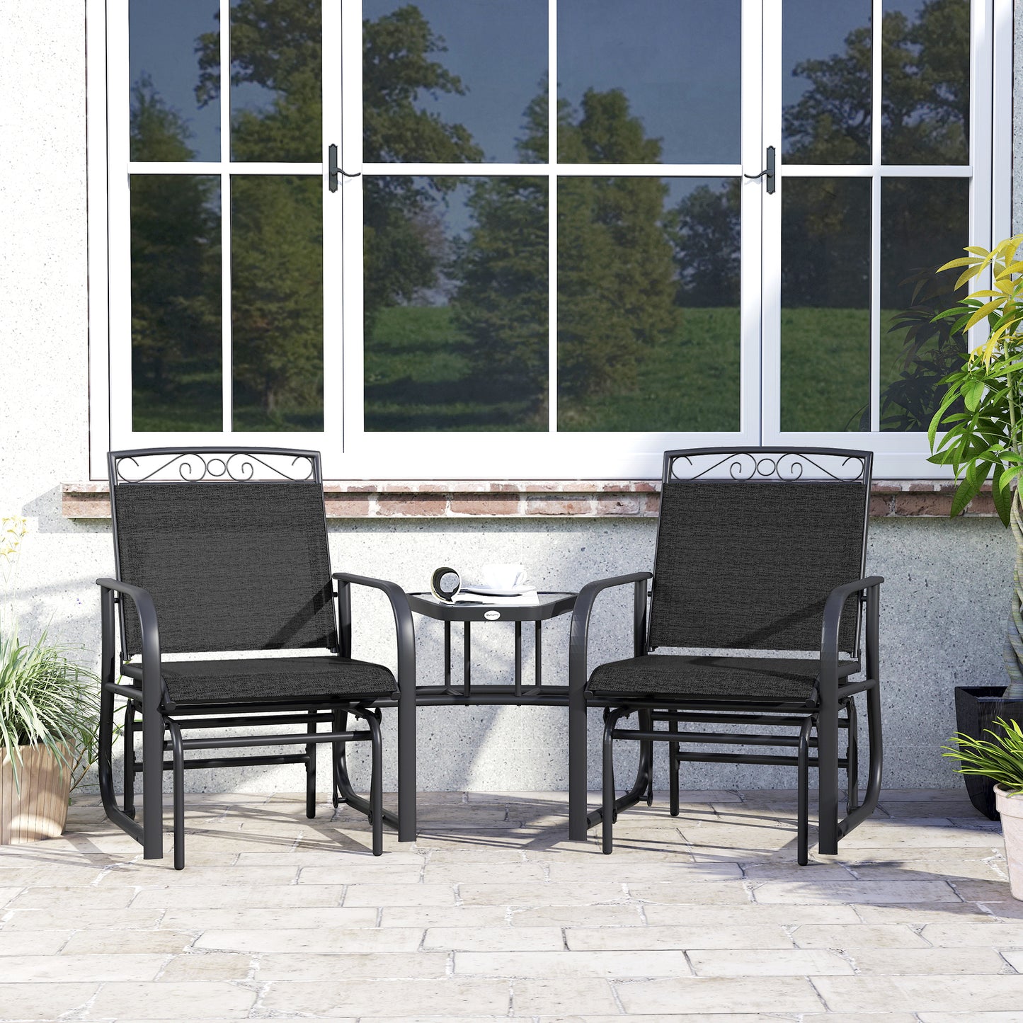 Outdoor Glider Bench with Coffee Table, Patio 2-Seat Rocking Chair Swing Loveseat with Breathable Sling for Backyard Garden Porch, Black