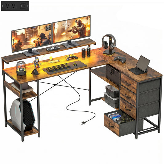 61" Gaming Desk with LED Lights and Power Outlets - Rustic Brown