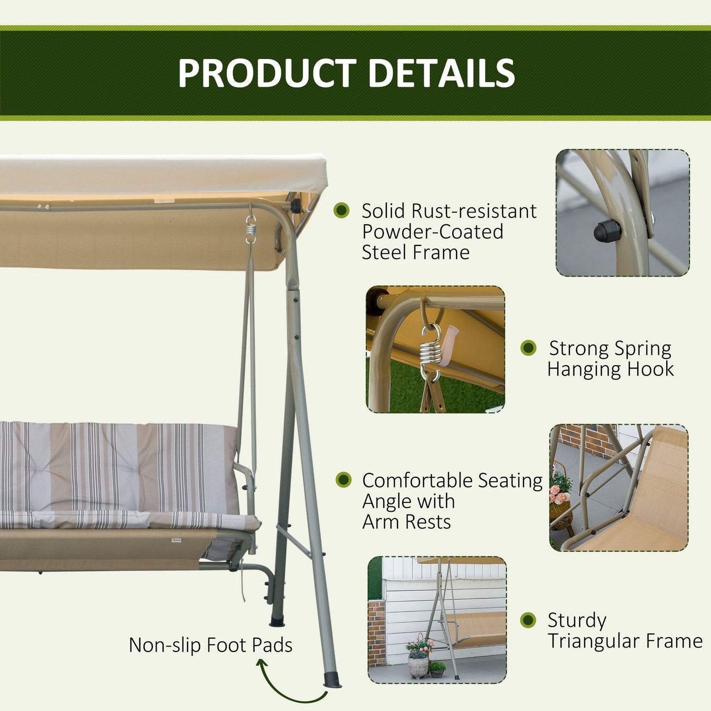 3-Seat Patio Swing Chair, Outdoor Porch Swing Glider with Adjustable Canopy, Light Brown