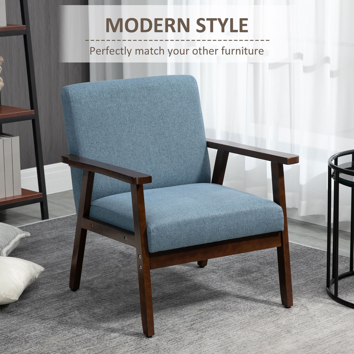 Accent Chairs with Cushioned Seat, Upholstered Linen-Feel Armchair with Adjustable Feet for Bedroom, Living Room, Blue