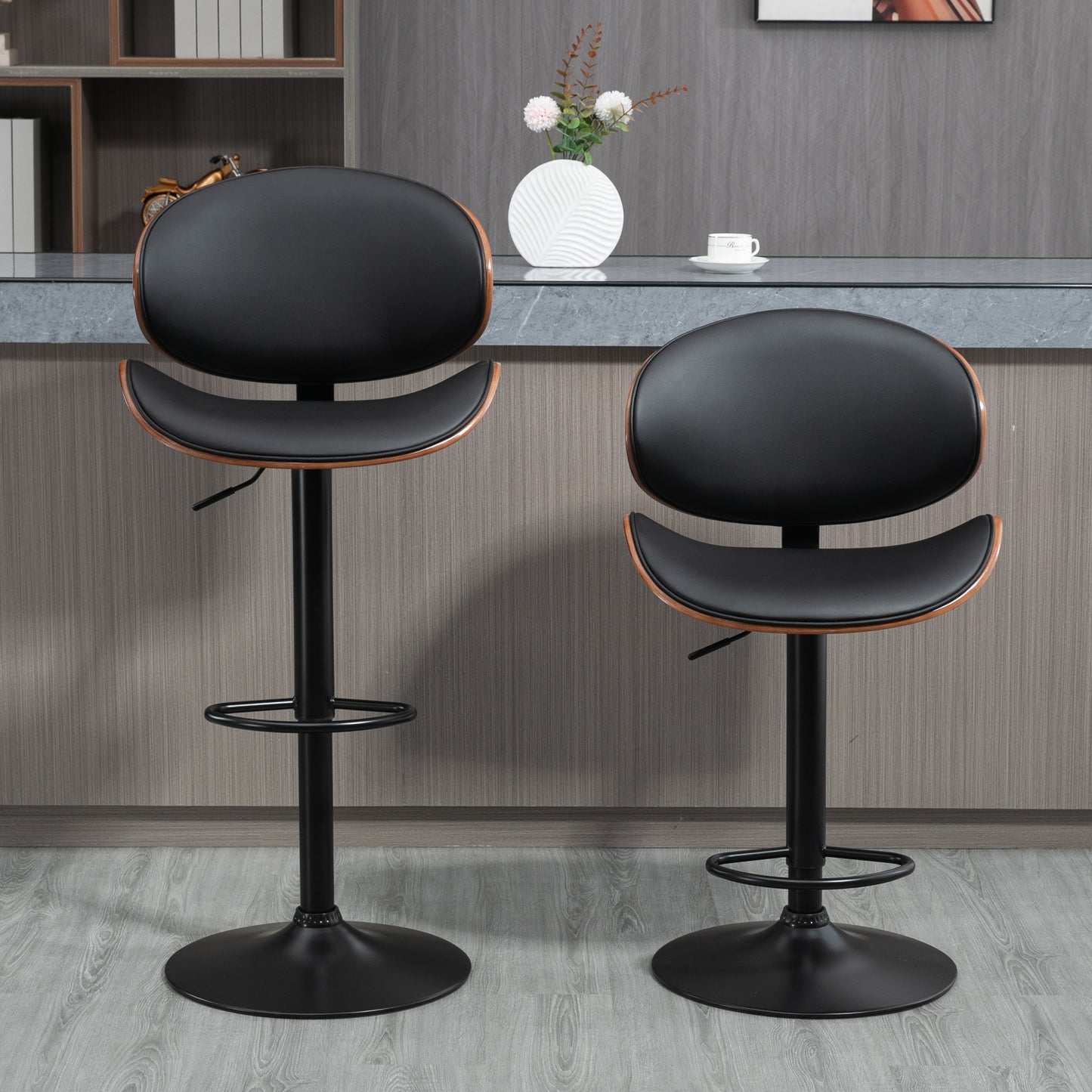 Bar Stools Set of 2, Modern PU Leather Adjustable Swivel Barstools with Curved Back, Footrest and Steel Base, Black