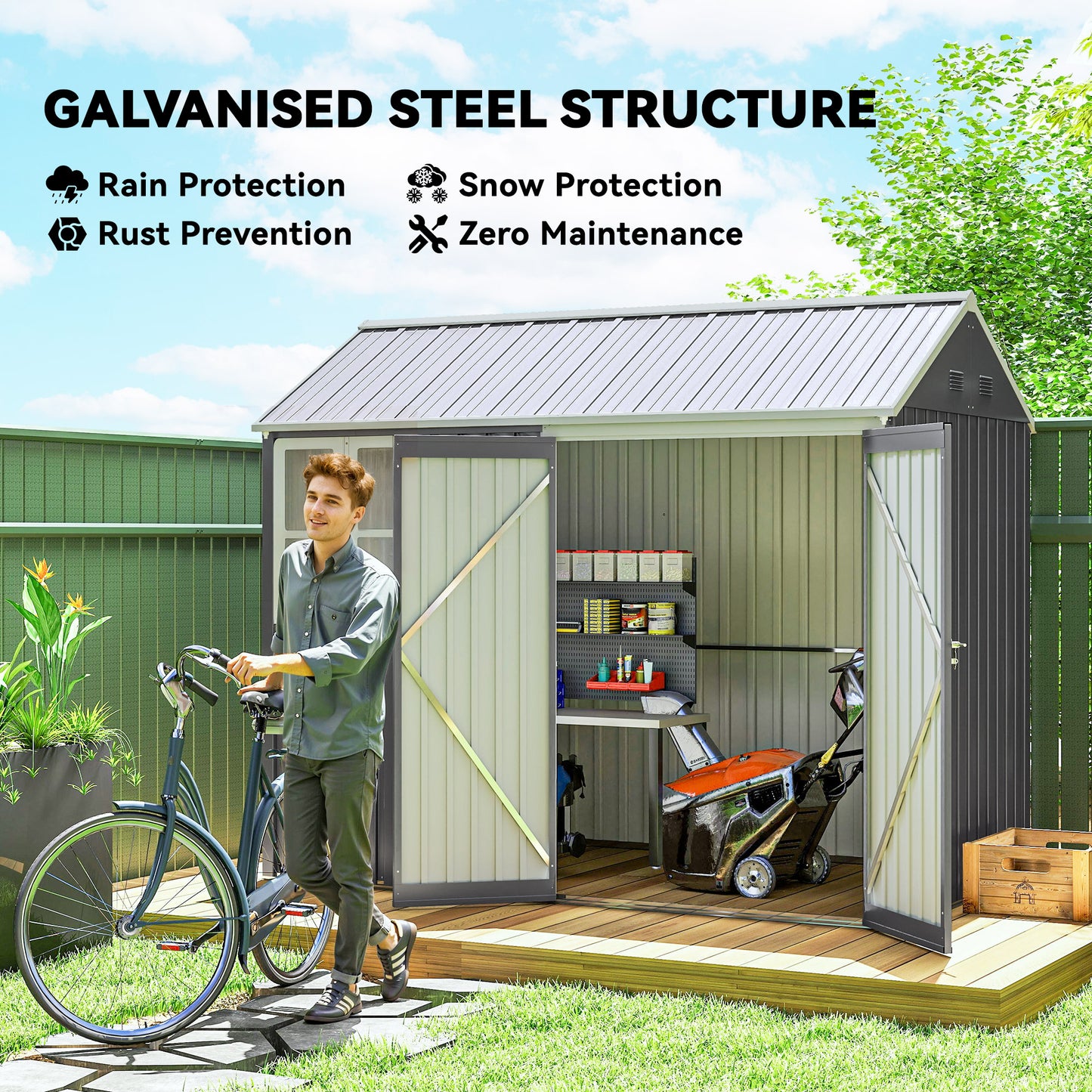 Metal Garden Storage Shed, Outdoor Tool Storage House with Lockable Door, Vents, Sloped Roof, Light Grey