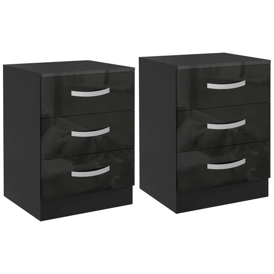 Nightstand Set of 2 with High-Gloss Drawers - Black