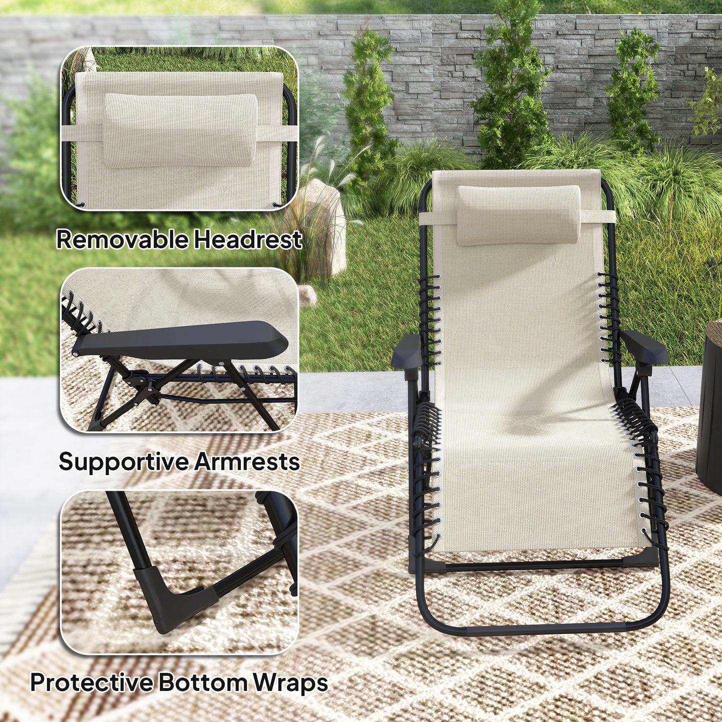 Folding Zero Gravity Chair, 5-Position Adjustable Outdoor Lounge Chair Recliner with Headrest, Beige