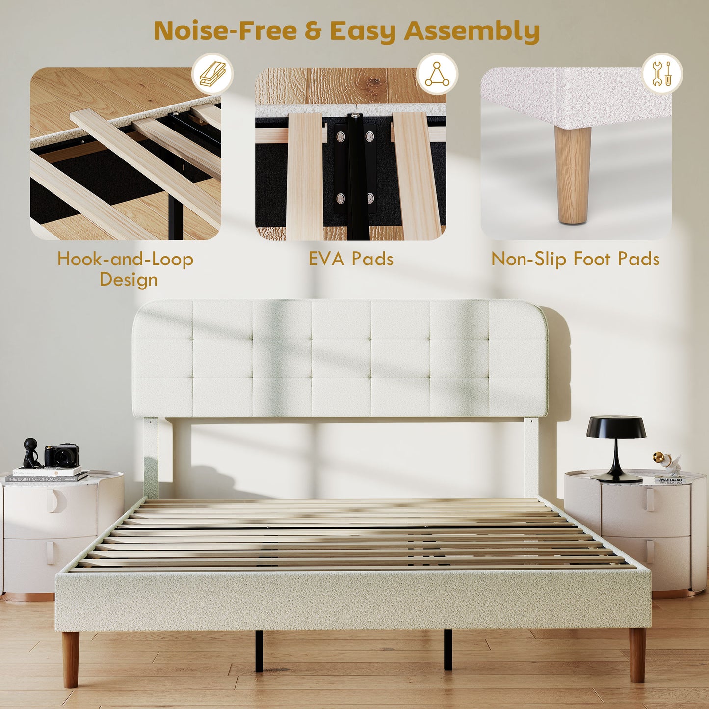 King Size Bed Frame with Adjustable Headboard Upholstered Platform Bed Frame with Wood Slat Support Noise Free White