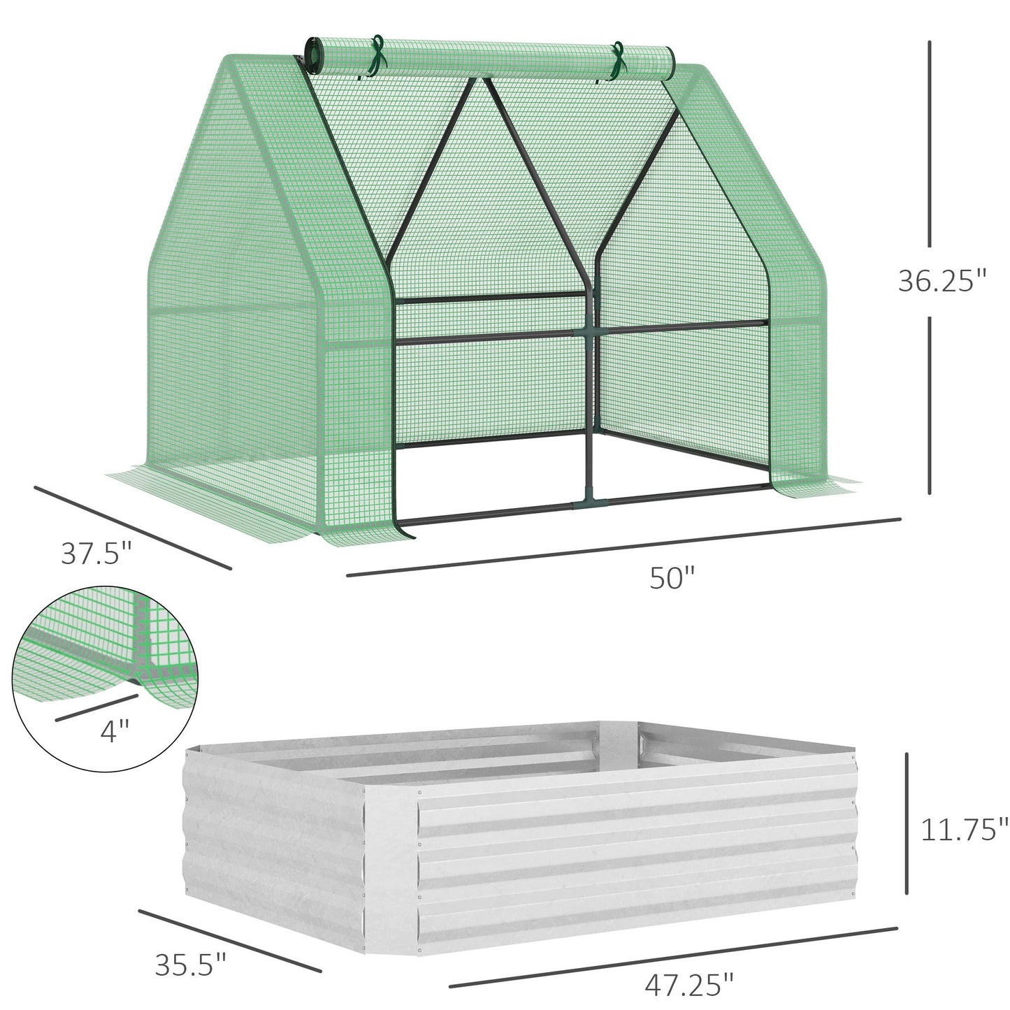 Steel Outdoor Raised Garden Bed with Greenhouse,Cover, Roll Up Door, Dual Use, 50"x37.4"x36.2", Green