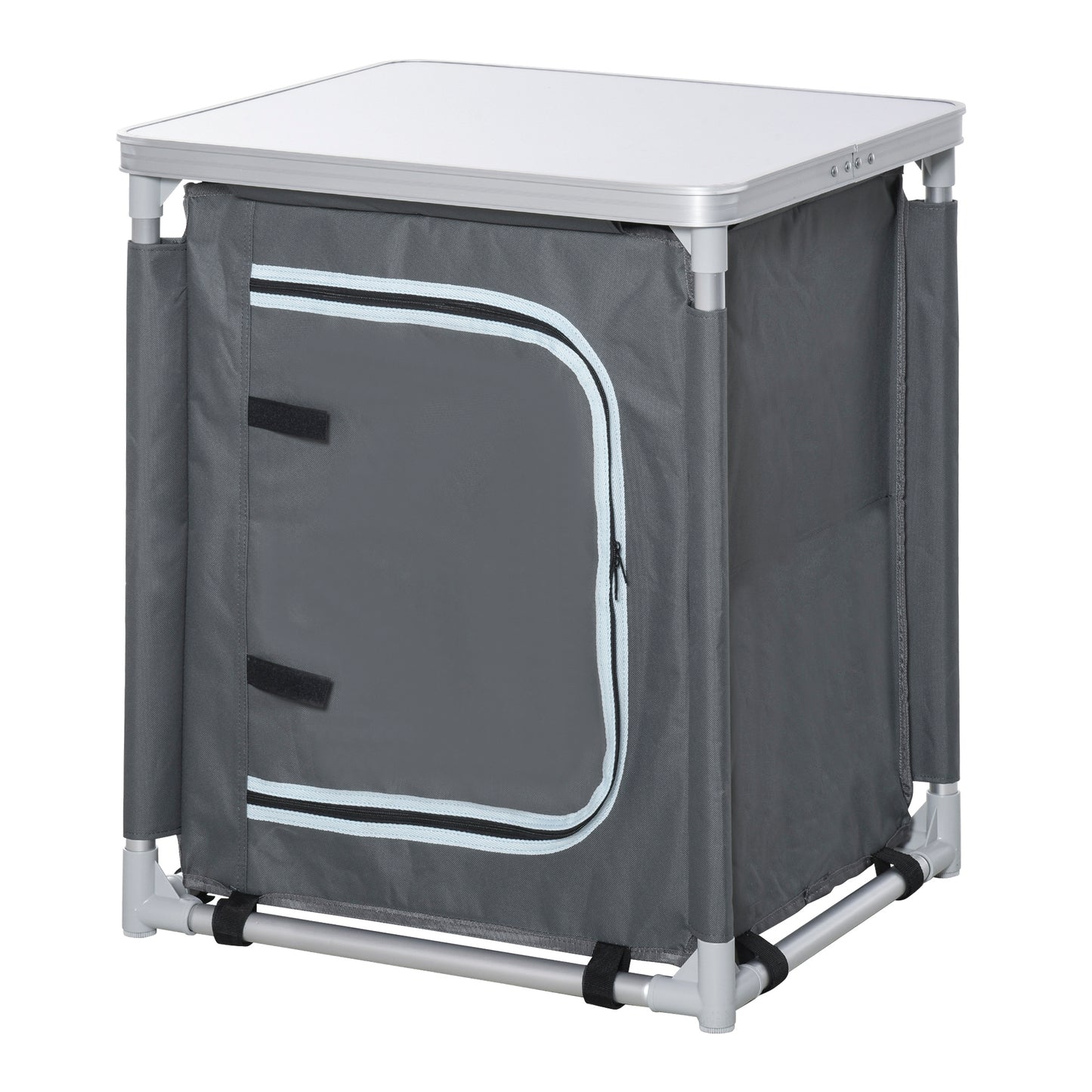 Camping Kitchen Station, Aluminum Camping Table Cook Cupboard with 2-Shelf and Carrying Bag for BBQ Party Picnics, Grey