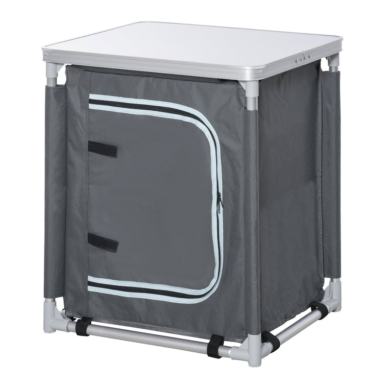 Grey Aluminum Camping Kitchen Station with 2-Shelf Cupboard