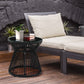 Round End Table, Rattan Side Table, Hollow Drum Design Coffee Table w/ Glass Top for Patio, Garden, Balcony, Dark Grey