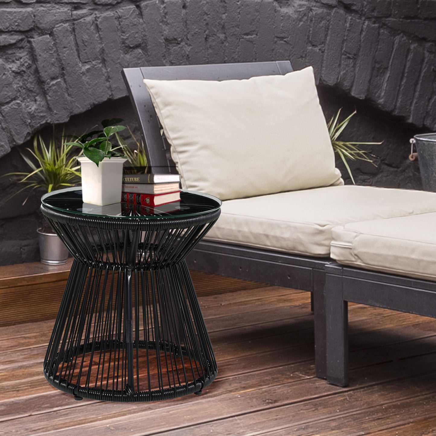 Round End Table, Rattan Side Table, Hollow Drum Design Coffee Table w/ Glass Top for Patio, Garden, Balcony, Dark Grey
