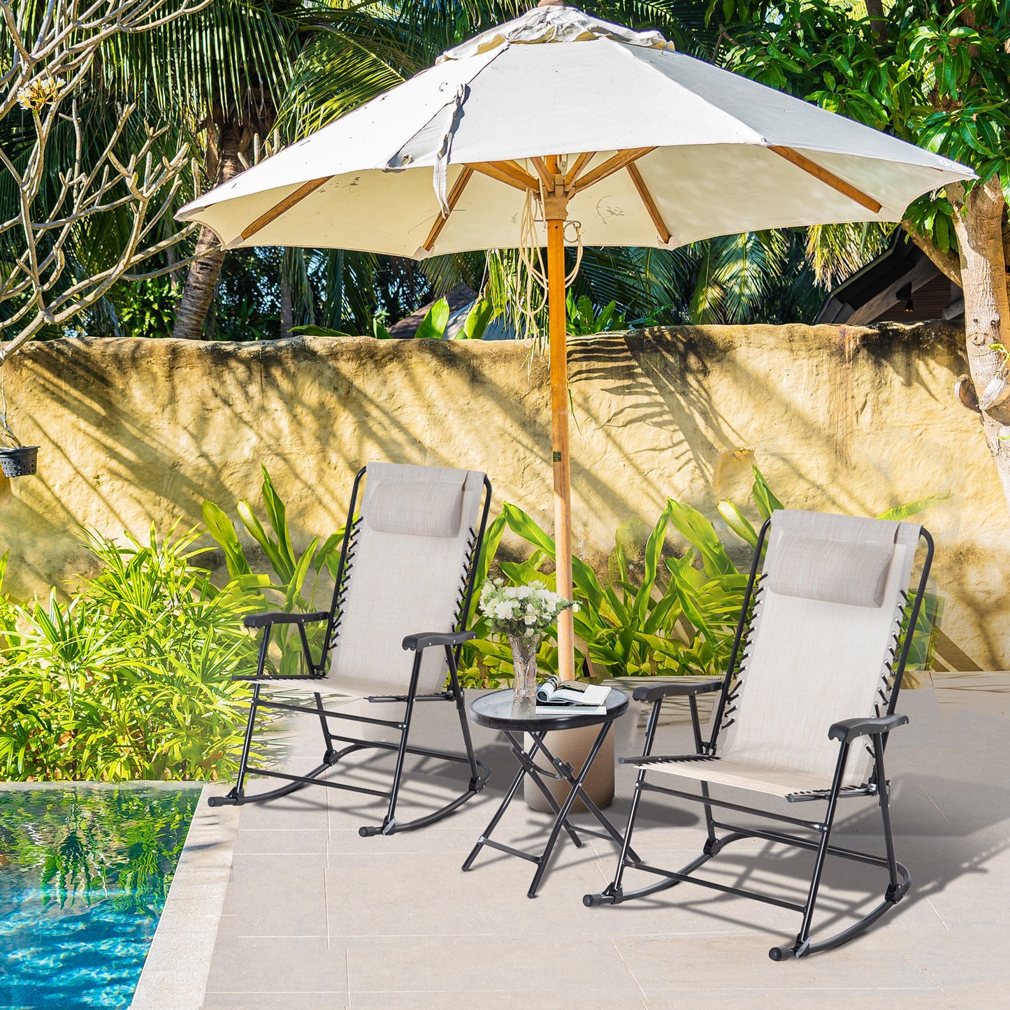 3pc Patio Rocking Chair Set, Folding Outdoor Rocking Chairs and Table Bistro Set w/ Breathable Mesh Seat & Backrest, Headrest for Park, Backyard, Garden, Grey - Cream White