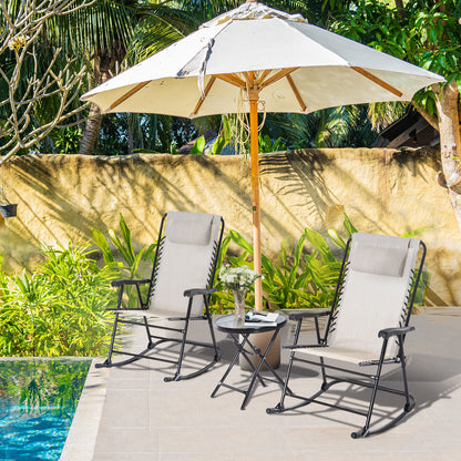 3pc Patio Rocking Chair Set, Folding Outdoor Rocking Chairs and Table Bistro Set w/ Breathable Mesh Seat & Backrest, Headrest for Park, Backyard, Garden, Grey - Cream White