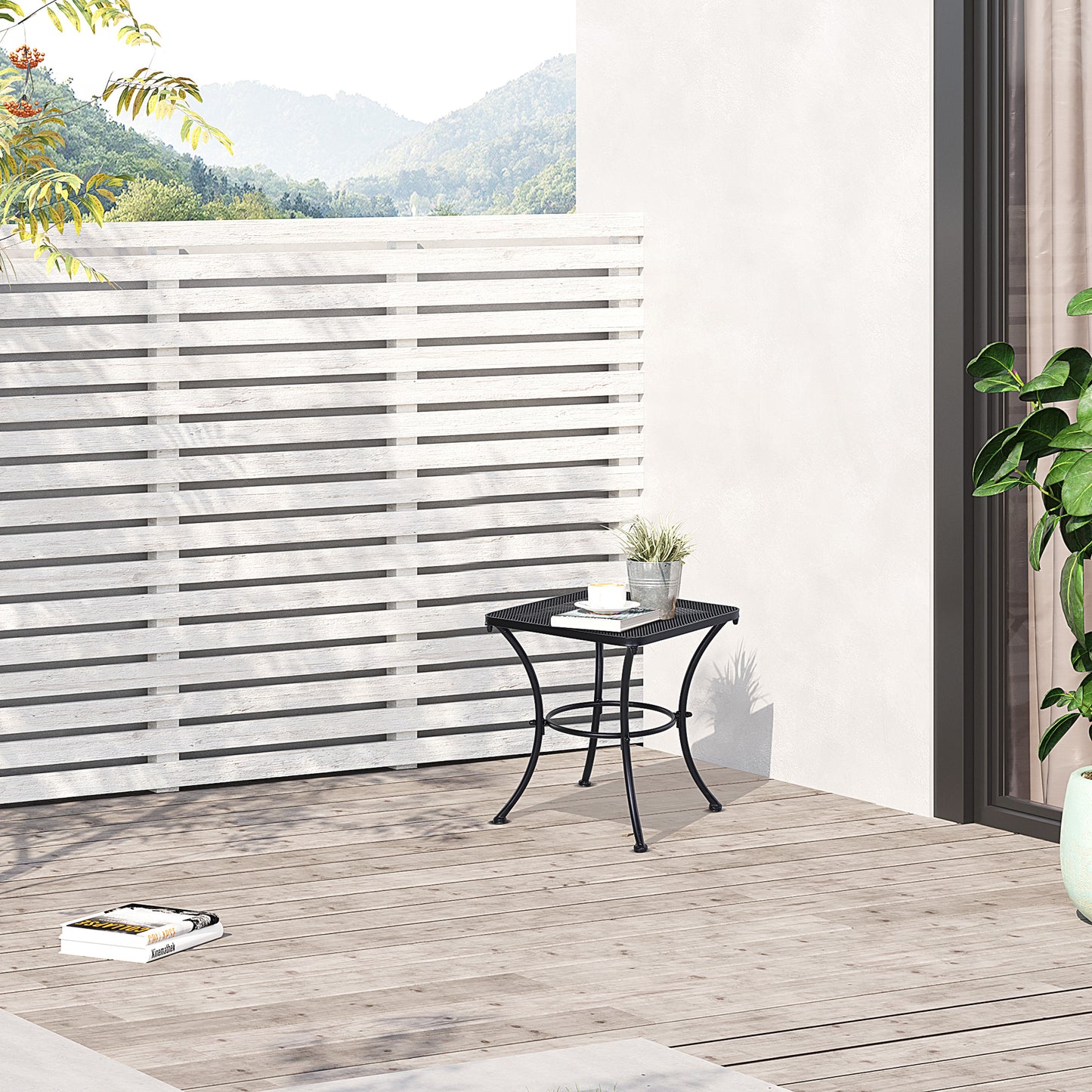Square Outdoor Side Table, Metal Outdoor Patio Table, Garden Coffee Side Bistro Tables with Mesh Grid Top for Balcony, Porch, Backyard, 17.7" x 17.7" x 19.7", Black