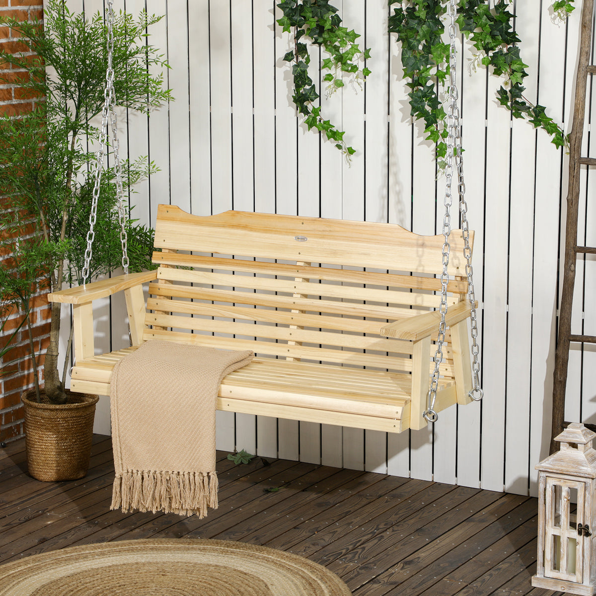 2-Seater Porch Swing, Patio Swing Bench with Adjustable Hanging Chains for Deck, Patio, Garden, Backyard, Natural Wood