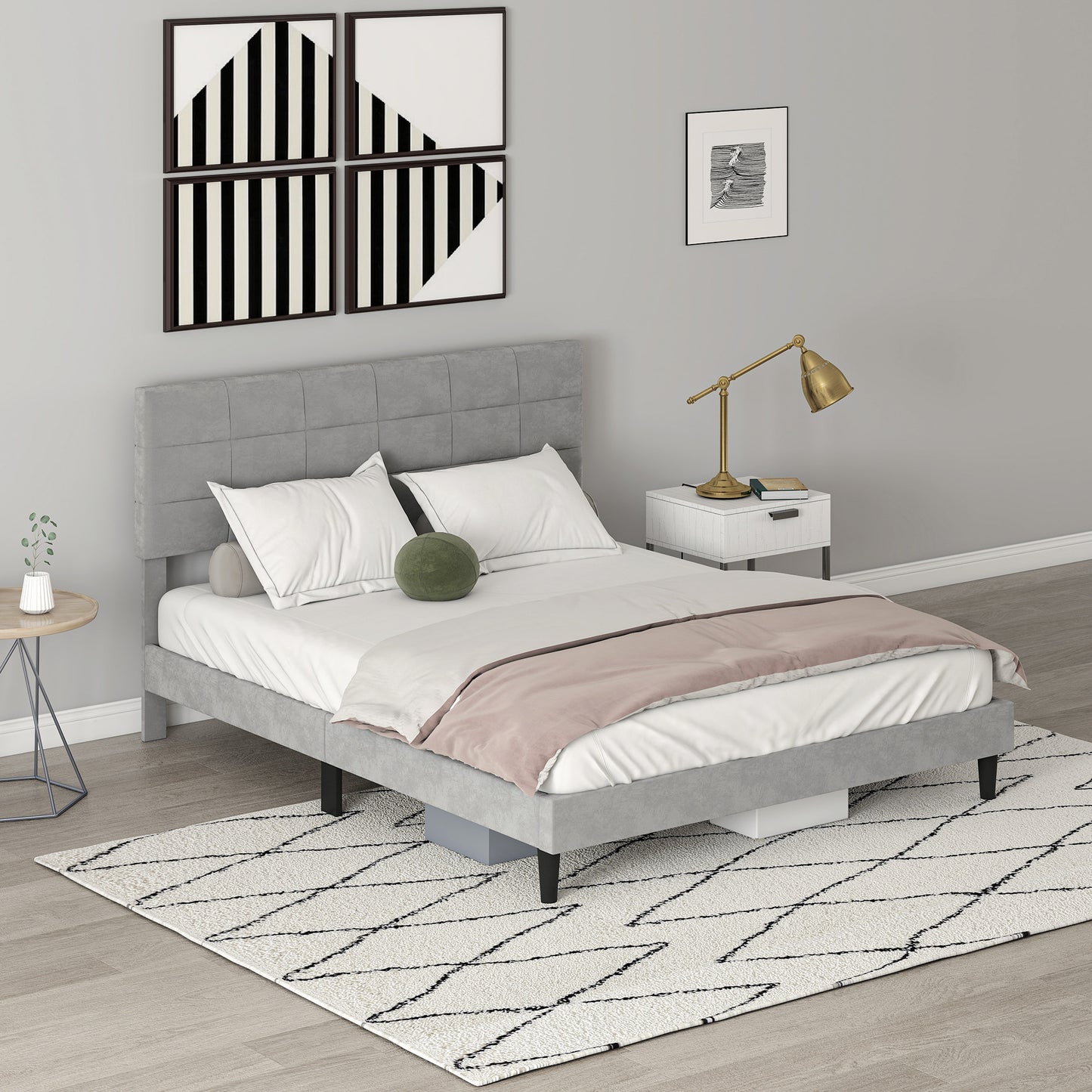 Queen Size Bed Frame with Upholstered Headboard, Modern Platform Bed Frame with Wood Slats, 1100 lbs Capacity, Grey