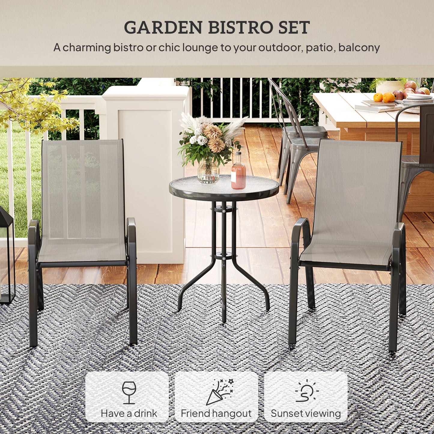 3 Pieces Bistro Set, Small Patio Furniture Set with Stackable Mesh Chairs, Glass Table for Garden, Light Mixed Brown