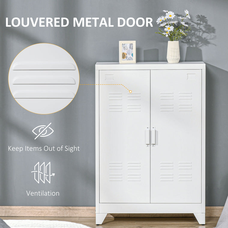 Industrial Metal Sideboard with Louvered Doors - White