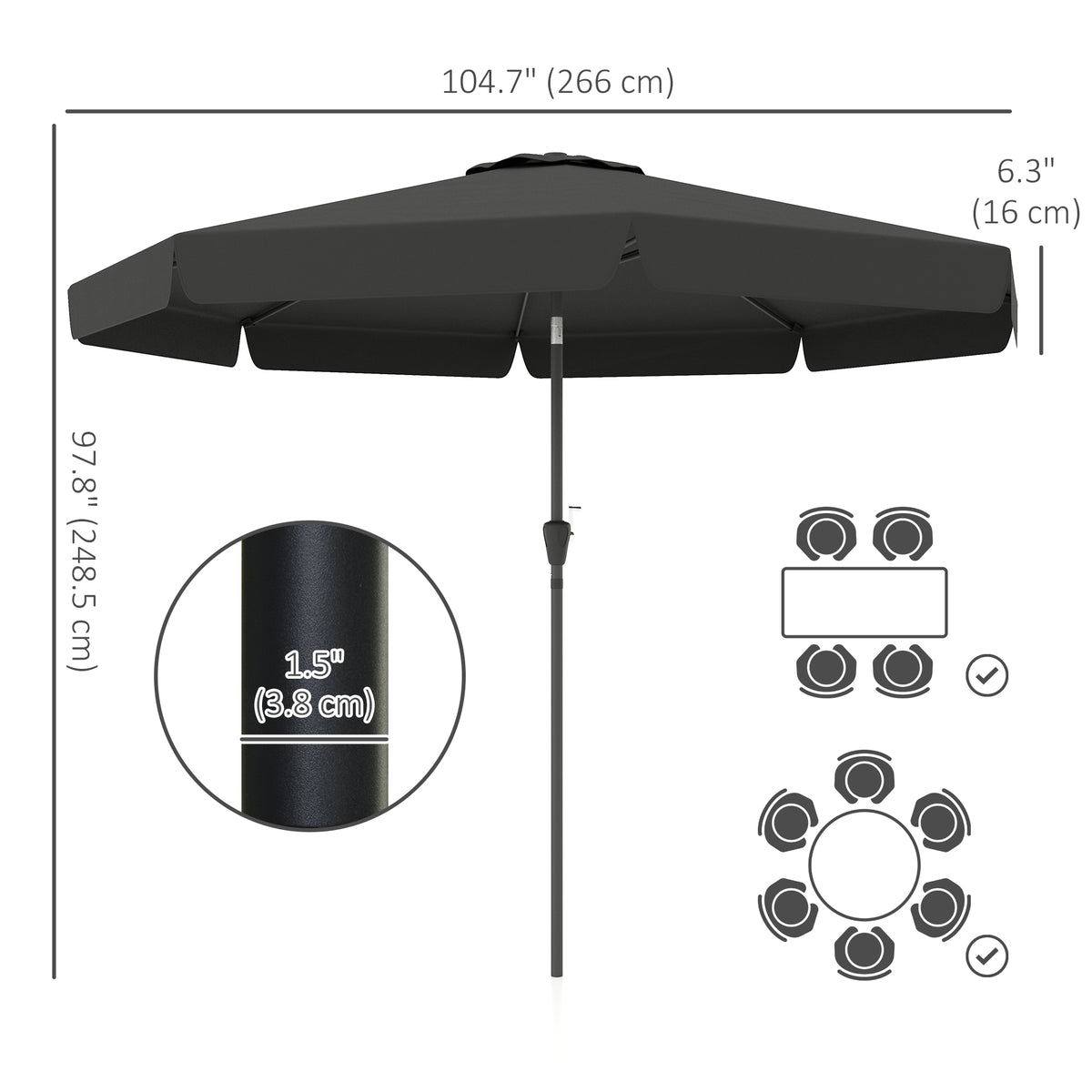 8.5 ft Outdoor Market Table Umbrella, Round Patio Umbrella with Tilt and Crank for Garden, Backyard, Deck, Black