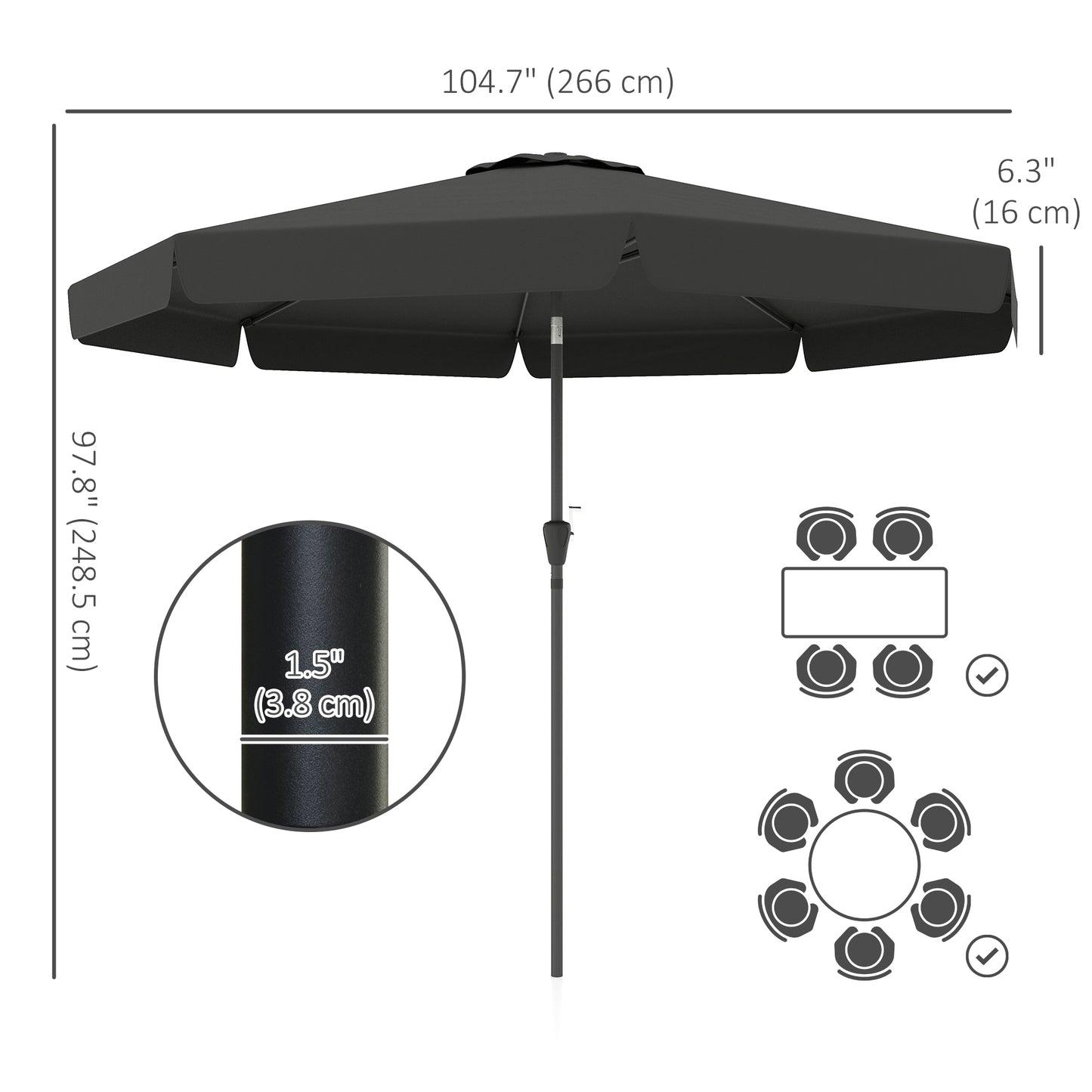 8.5 ft Outdoor Market Table Umbrella, Round Patio Umbrella with Tilt and Crank for Garden, Backyard, Deck, Black
