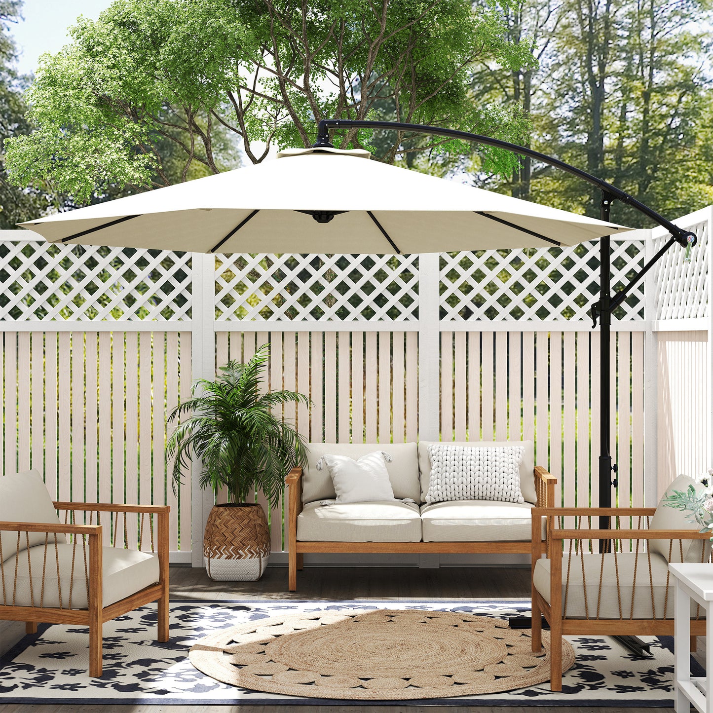 Φ10' Deluxe Cantilever Umbrella Outdoor Market Parasol Banana Hanging Offset Sunshade Crank Cross Base Beige
