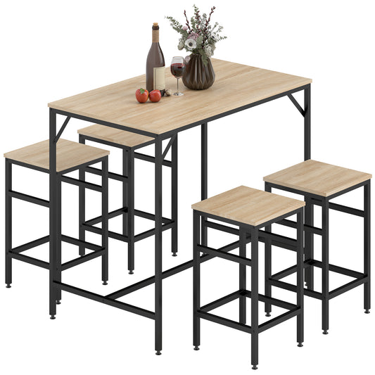 5-Piece Industrial Bar Table Set with 4 Stools - Oak