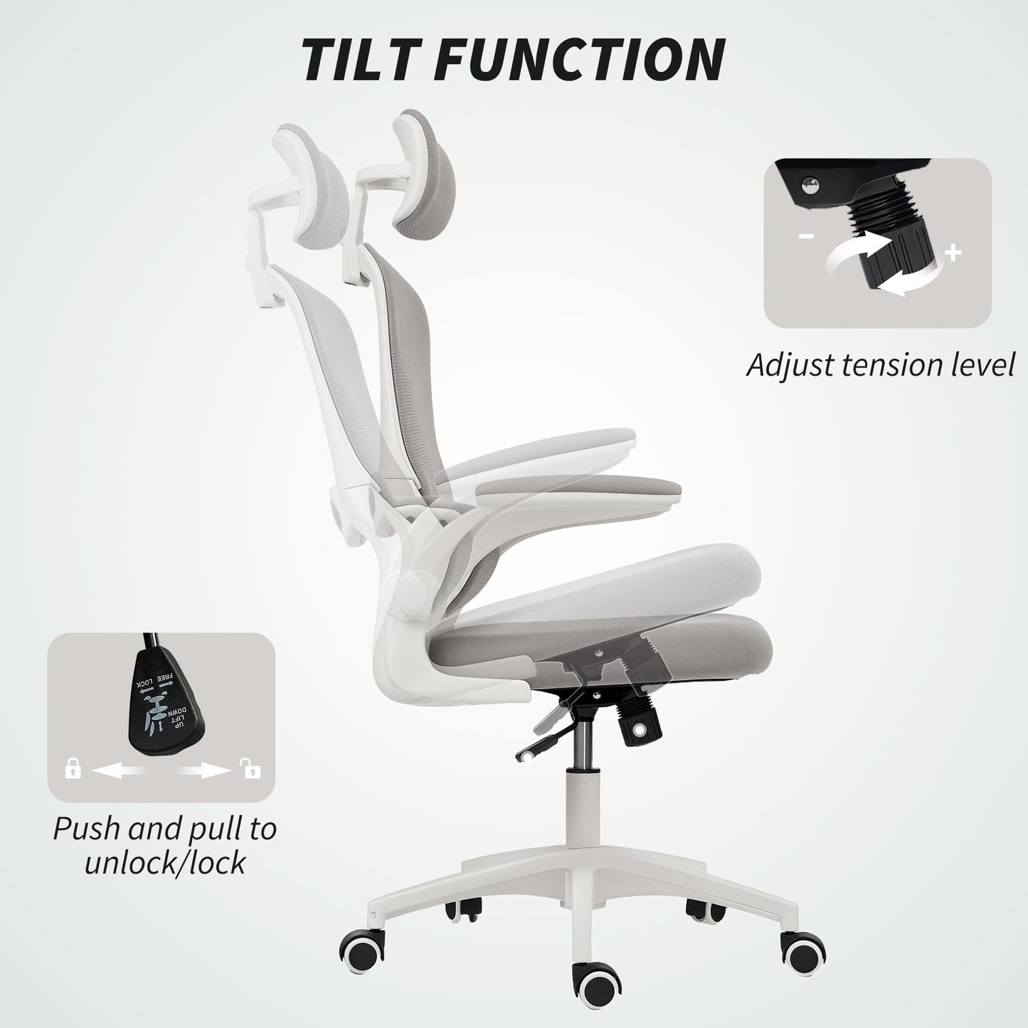 Ergonomic Mesh Office Chair, High Back Desk Chair with Rotatable Headrest, Flip-Up Armrests, Lumbar Support, Grey