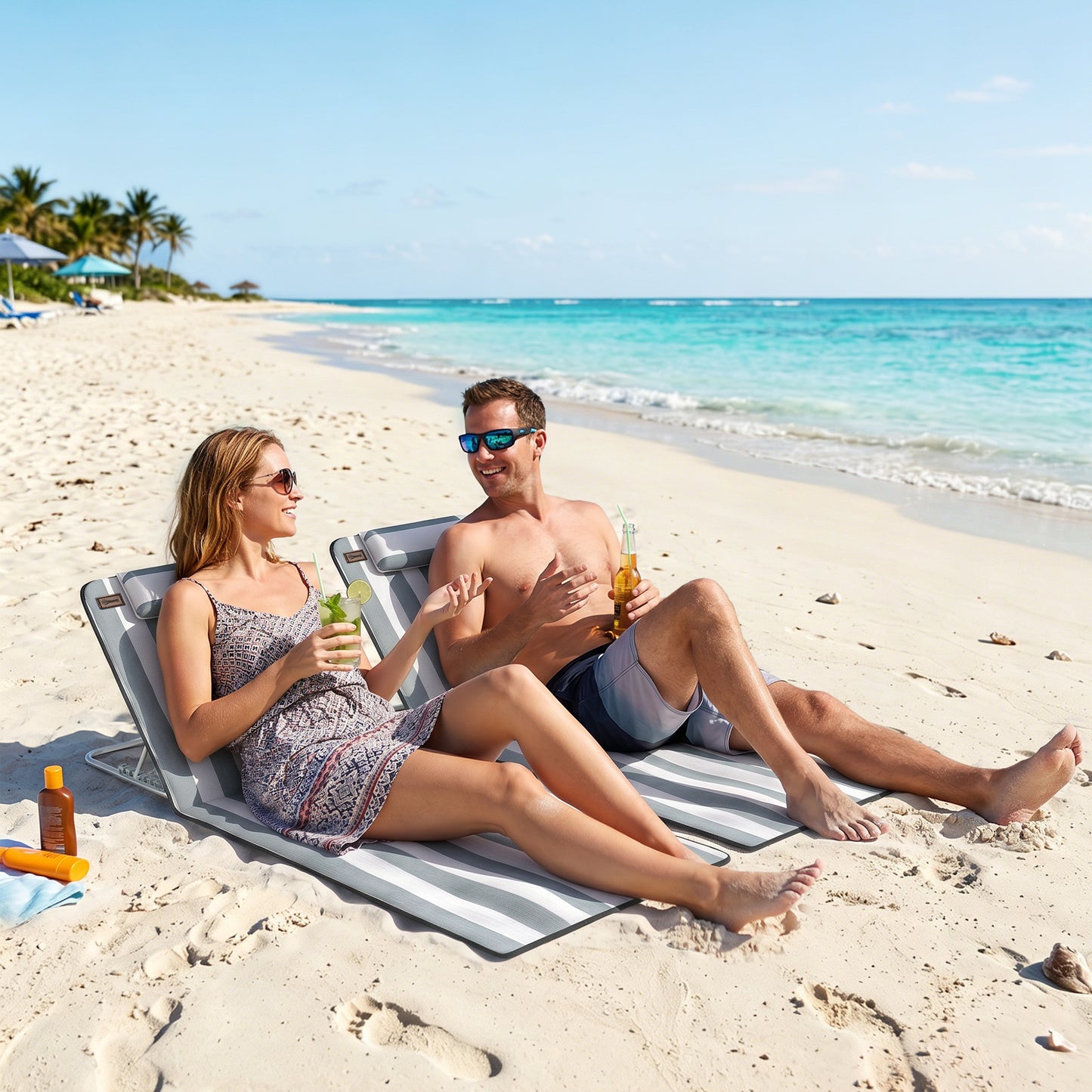 2 Pieces Beach Lounge Chair, Outdoor Folding Chaise Lounge Set w/ Pillow for Sunbath, Snap, Beige