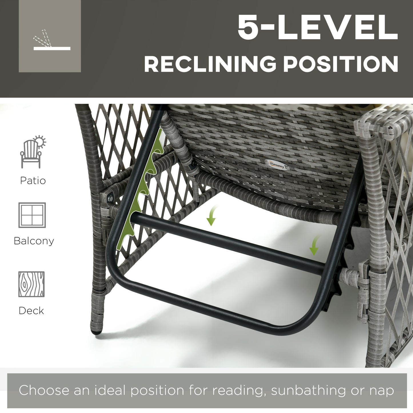 2 Pieces Wicker Patio Lounge Set w/ Cushions, Outdoor PE Rattan Sun Lounger Sets w/ 5-Level Reclining Chaise Chair & Two-tier Glass Top Coffee Table, Green