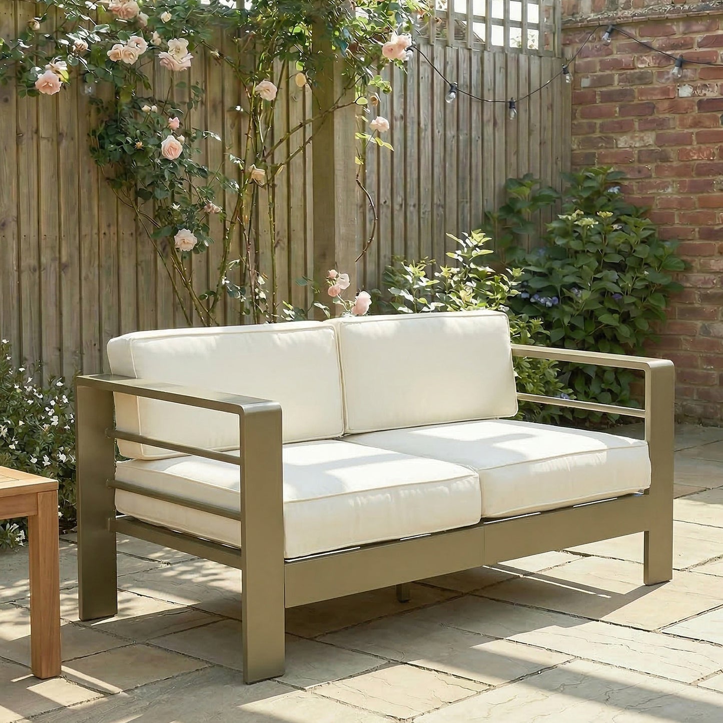 Patio Loveseat, Outdoor Seating for 2, Garden Sofa with Cushions, Wide Armrests, 54.3"x27.6"x24.6", Cream White