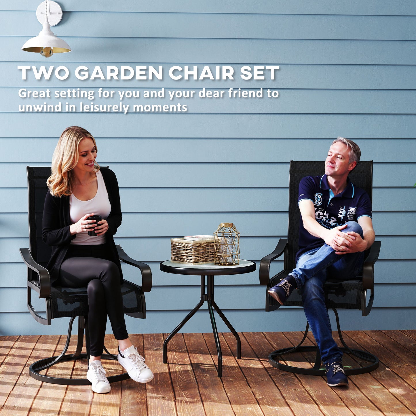 2-Piece Swivel Patio Dining Chairs, 360° Swivel Rocking Outdoor Chairs with Curved Armrests, Breathable Mesh Seat & S Shape Backrest for Yard, Lawn, Porch, Black