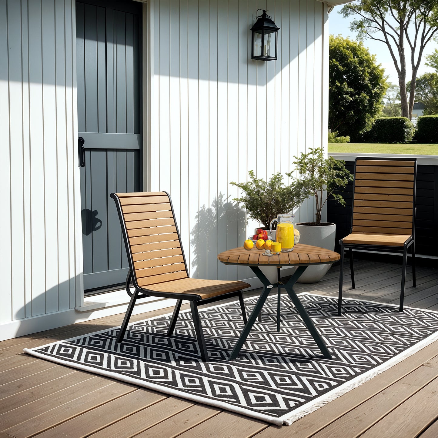 35.4" Outdoor Dining Table with Slatted Acacia Wood Leaf Tabletop, Patio Table with Steel Legs for Garden, Yard, Teak
